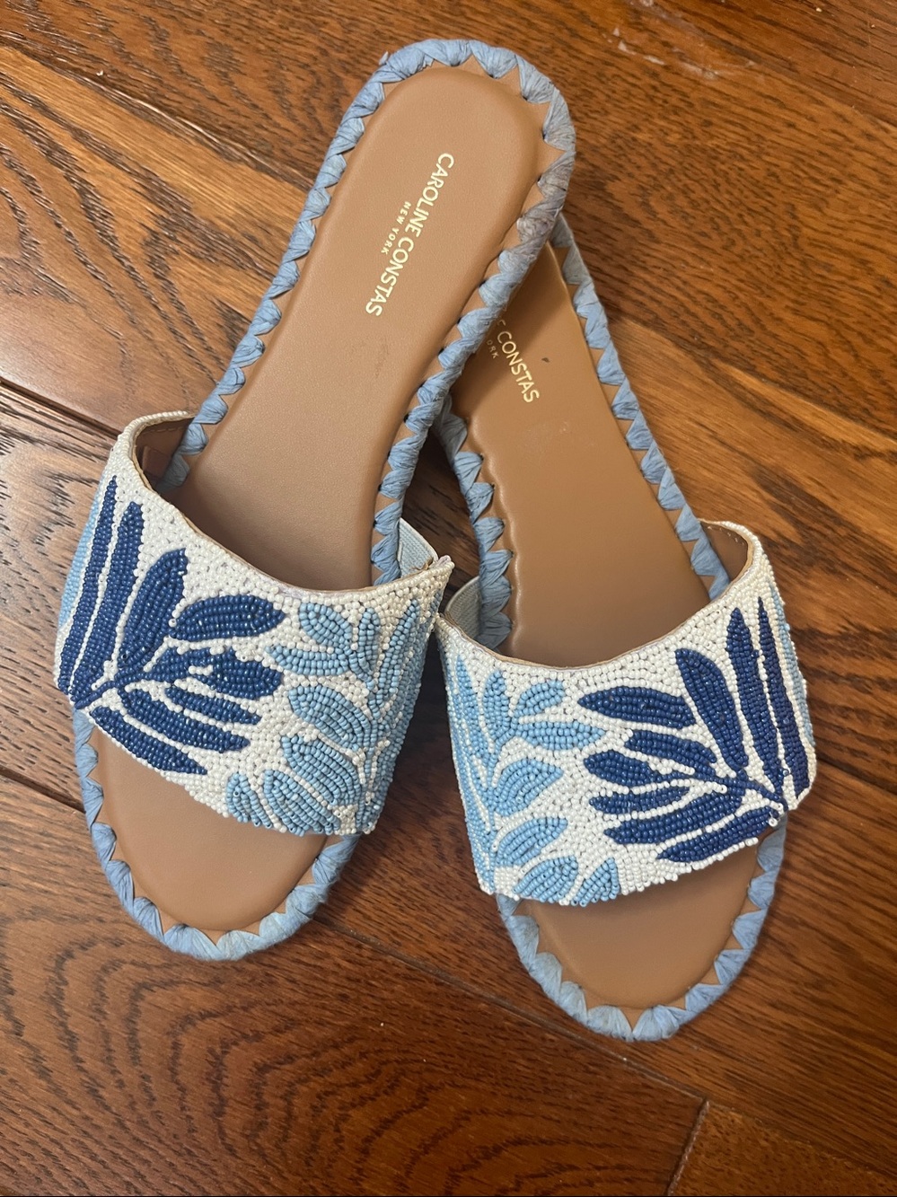 Blue Beaded  8 1/2 Slide Sandals with Leaf Motif by Carolina Costas - Picture 11 of 11
